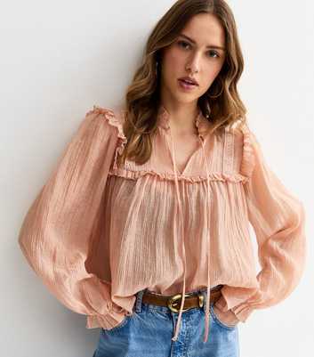 Pink Sheer Lace Bib Crinkle Texture Blouse