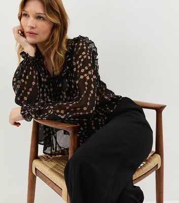 Black Semi Sheer Floral Print Ruffle Bib Blouse