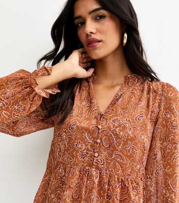 Brown Paisley Chiffon Buttoned Peplum Blouse