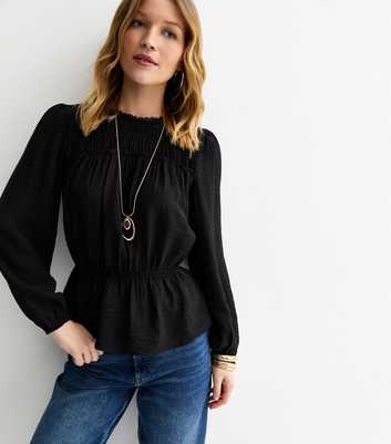 Black Shirred Crew Neck Blouse