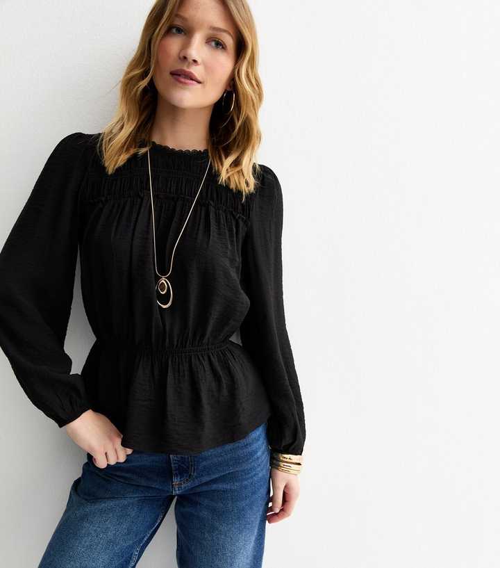 Black Shirred Crew Neck Blouse