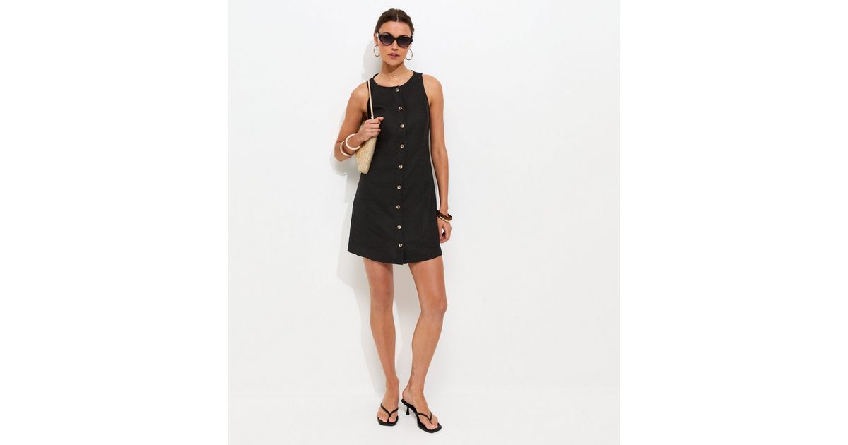 knee length dresses for ladies Off White Linen Blend Button Down Knit Mini Dress