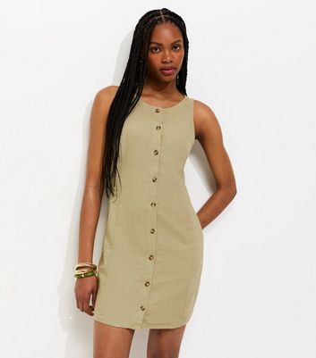knee length dresses for ladies Brown Button Through Mini Dress Nehru Collar Linen Blend
