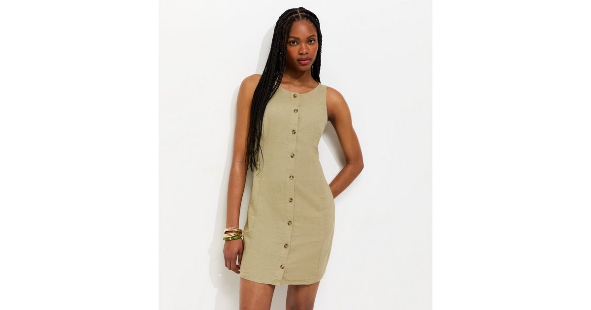 Light Khaki Linen Blend Button Through Mini Dress | New Look