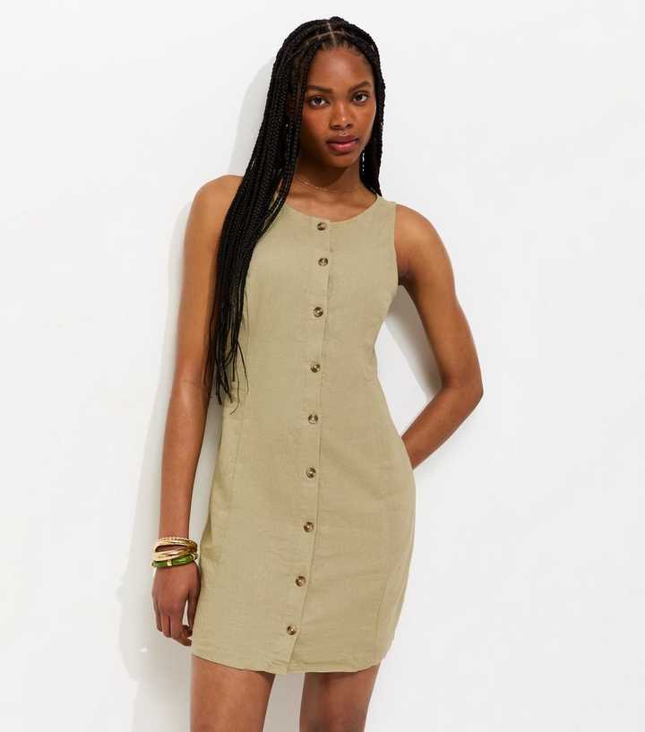 khaki linen dress womens Button Through Linen Dress