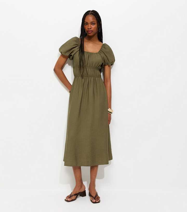 Khaki Milkmaid Midi Dress