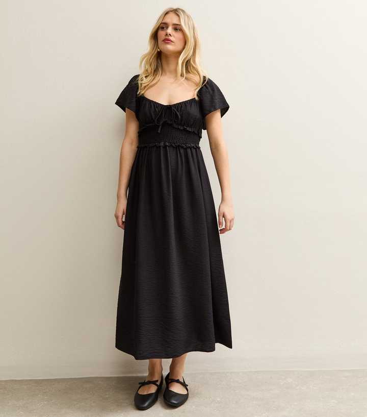 Black  Shirred Sweetheart Ruched Midi Dress