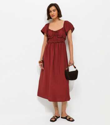 Red Shirred Sweetheart Ruched Midi Dress