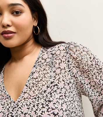 Curves Light Pink Daisy V- Neck Sheer Chiffon Tea Blouse