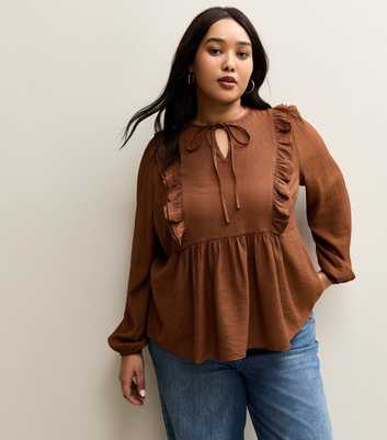 Curves Rust Ruffled Tie Neck Blouse