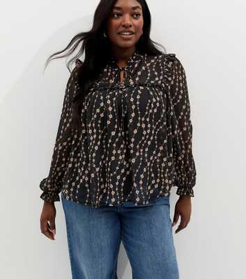 Curves Black Floral Chiffon Tie Neck Blouse