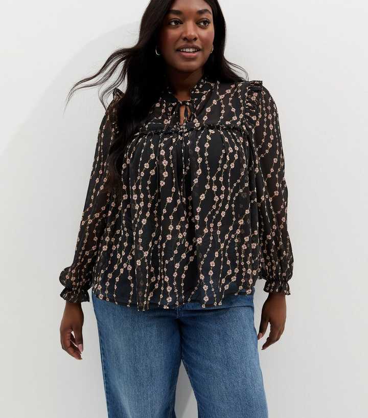 Curves Black Floral Chiffon Tie Neck Blouse