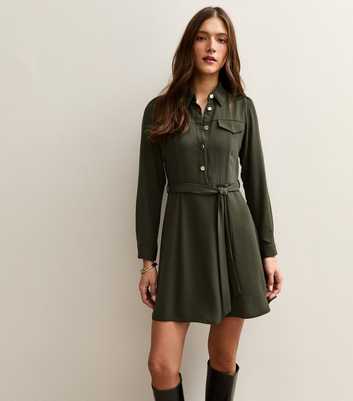 Dark Khaki Belted Shirt Dress