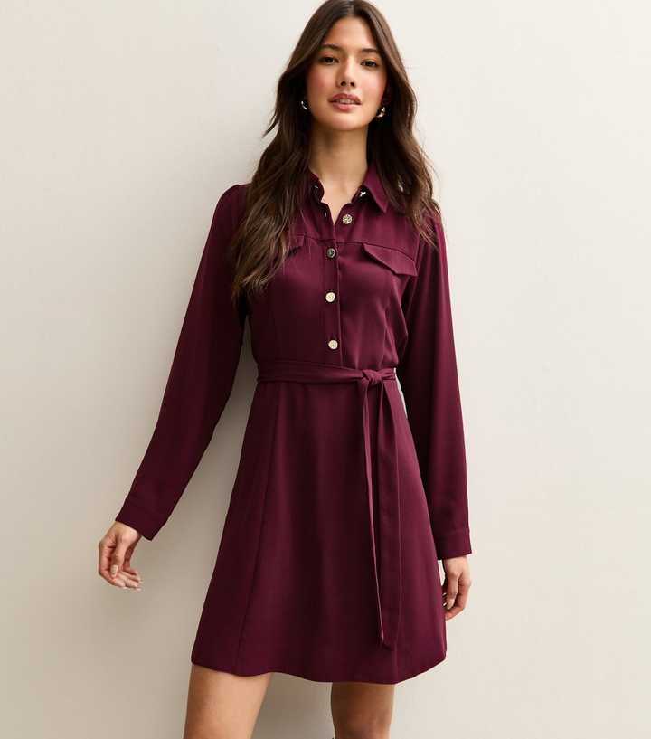 Dark Burgundy Belted Shirt Dress
