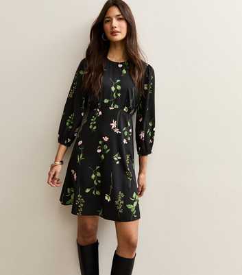Black Botanical Crepe Mini Dress