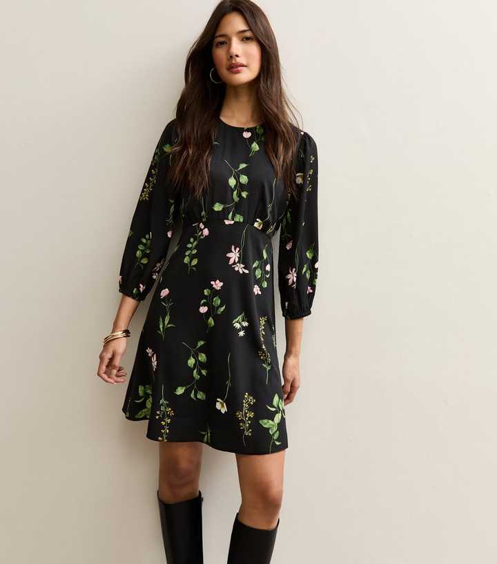Black Botanical Crepe Mini Dress
