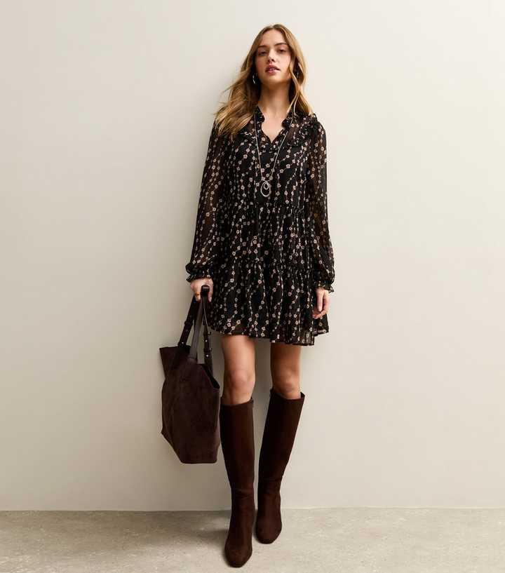 Black Floral Chiffon Ruffle Tiered Mini Dress