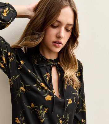 Black Botanical Crepe Smock Midi Dress