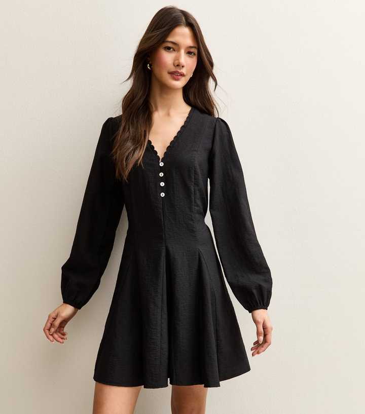 Black Long Sleeve Godet Mini Dress