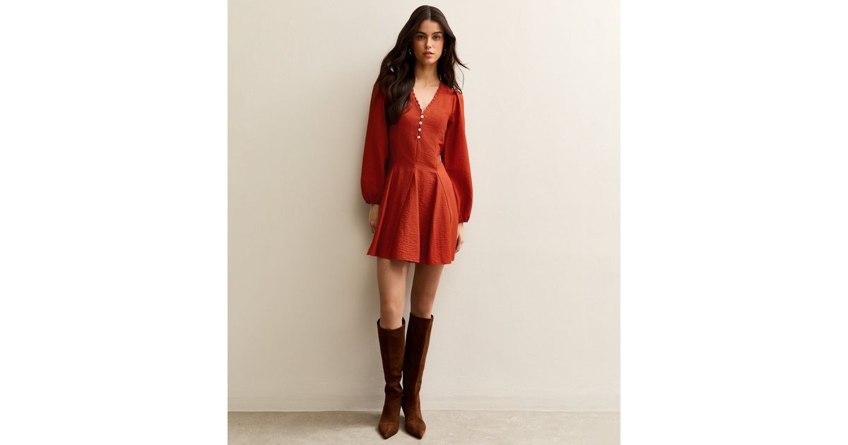 Dark Red Long Sleeve Godet Mini Dress | New Look Dark Red Long Sleeve Godet Mini Dress | New Look