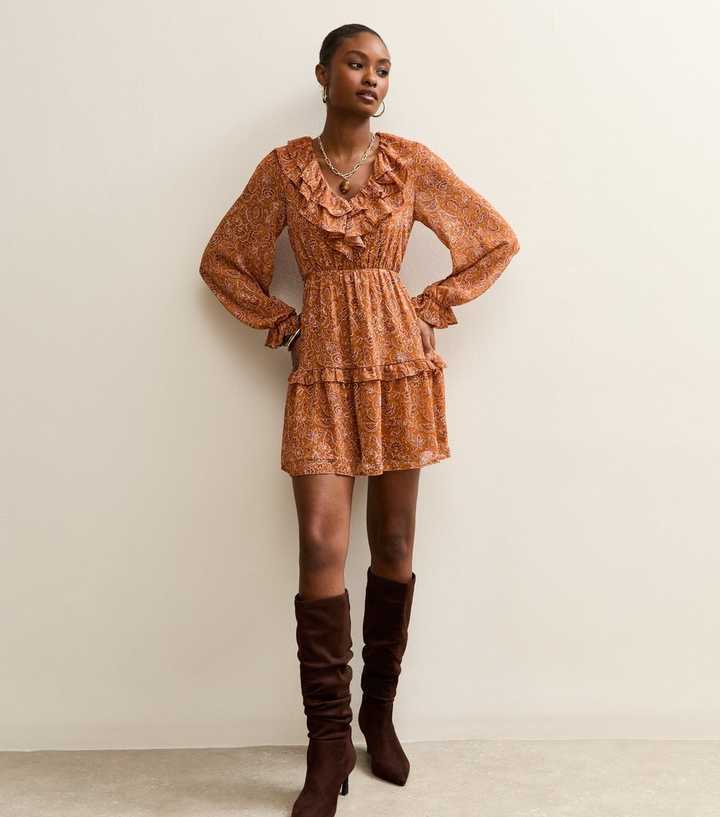 Orange Chiffon Ruffle Paisley Pattern Mini Dress