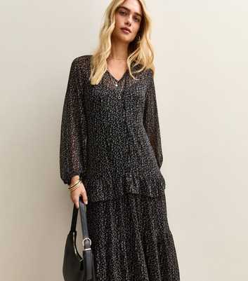 Black Ditsy Print Ruffle Trim Chiffon Midi Dress