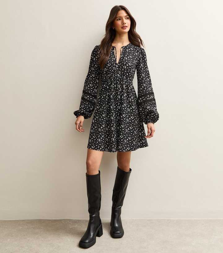 Black Floral Crinkle Lace Mini Dress