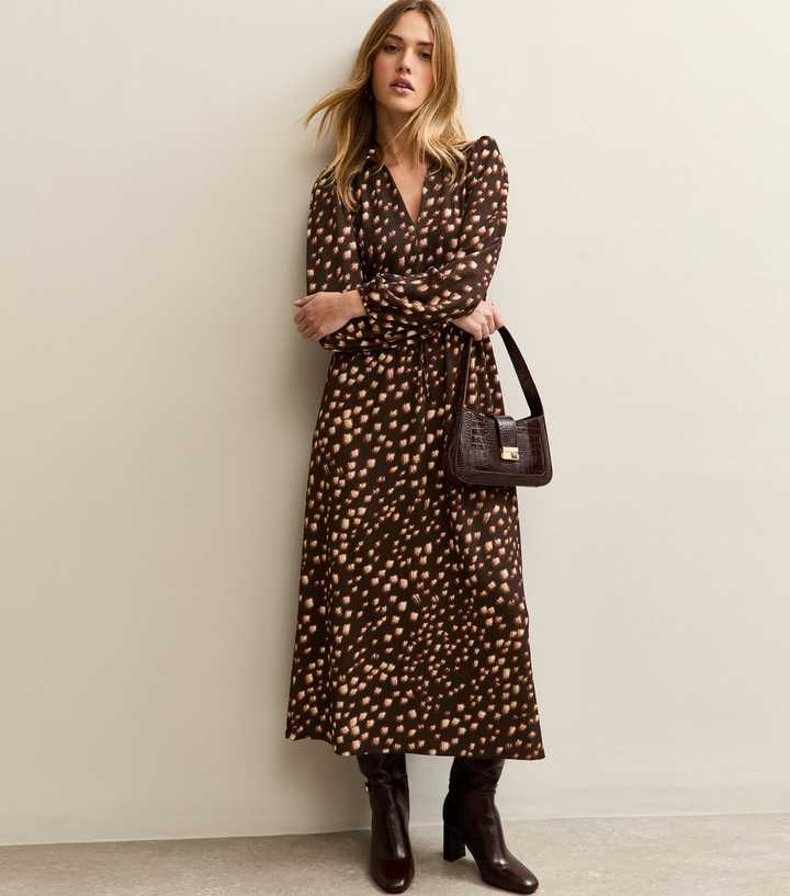 Brown Crinkle Texture Printed Midi Shirt Dress
