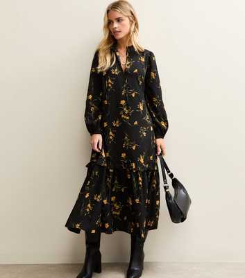 Petite Black Botanical Crepe Smock Midi Dress