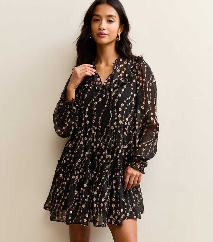 Petite Black Floral Print Chiffon Mini Dress