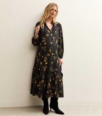 Maternity Black Botanical Crepe Smock Midi Dress