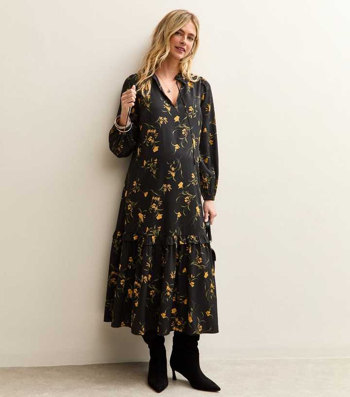 Maternity Black Botanical Crepe Smock Midi Dress | New Look Maternity Black Botanical Crepe Smock Midi Dress | New Look