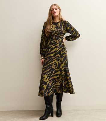 Green Satin Animal Print Midi Dress