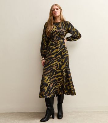 Green Satin Animal Print Midi Dress | New Look Green Satin Animal Print Midi Dress | New Look