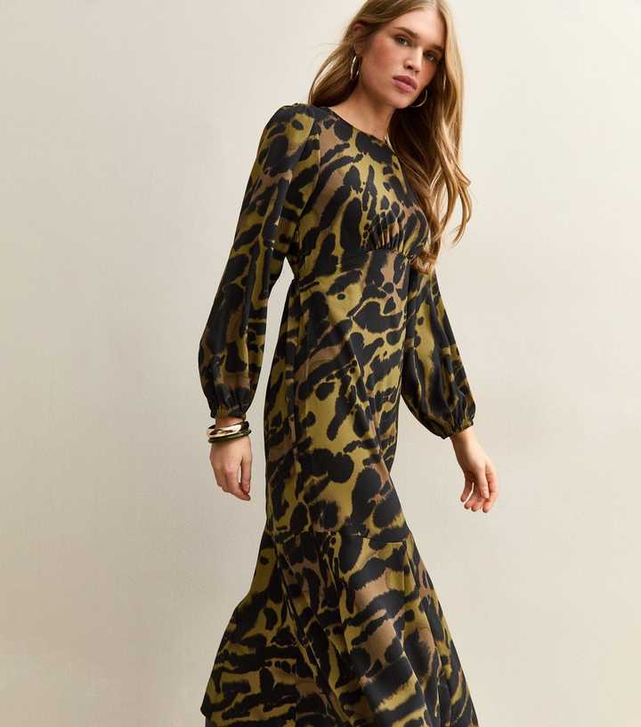Green Satin Animal Print Midi Dress | New Look