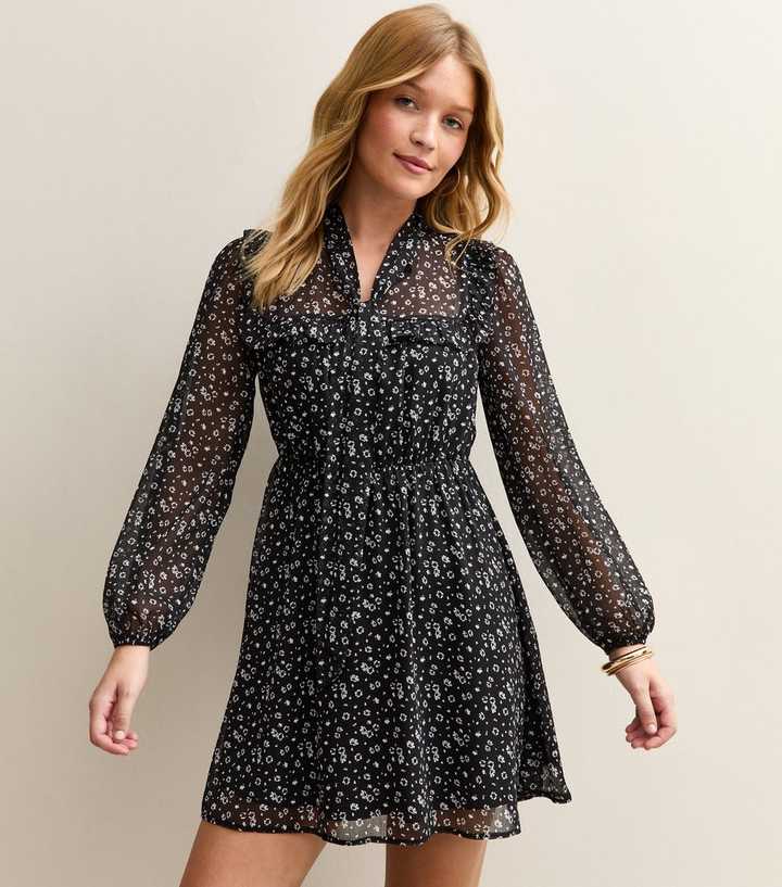 Black Chiffon Floral Mini Dress