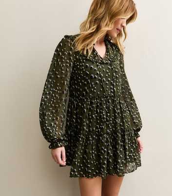 Dark Green Chiffon Ruffle Abstract Pattern Mini Dress