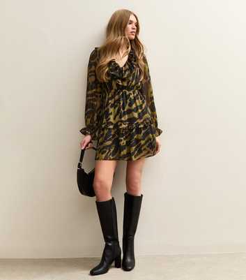 Khaki Animal Print Chiffon Ruffle Mini Dress