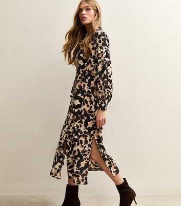 Cream Animal Print Buckle Shirt Midi Dress