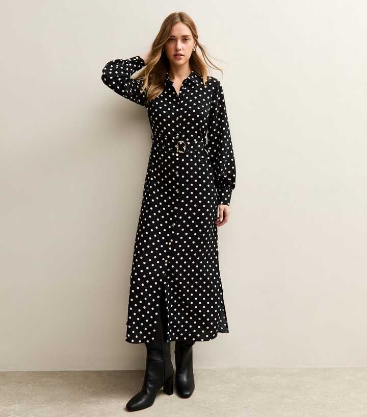 Black Polka Dot Buckle Shirt Midi Dress