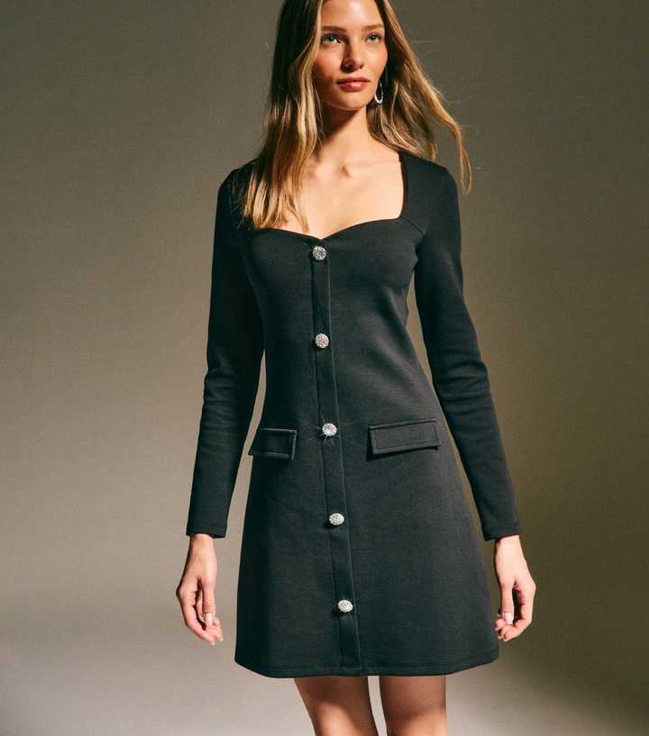 Black Diamante Button Long Sleeve Mini Dress