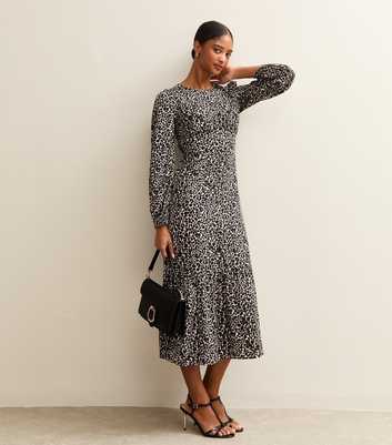 Brown Crepe Long Sleeve Animal Print Midi Dress