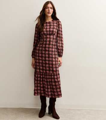 Red Crepe Check Pattern Floral Print Midi Dress