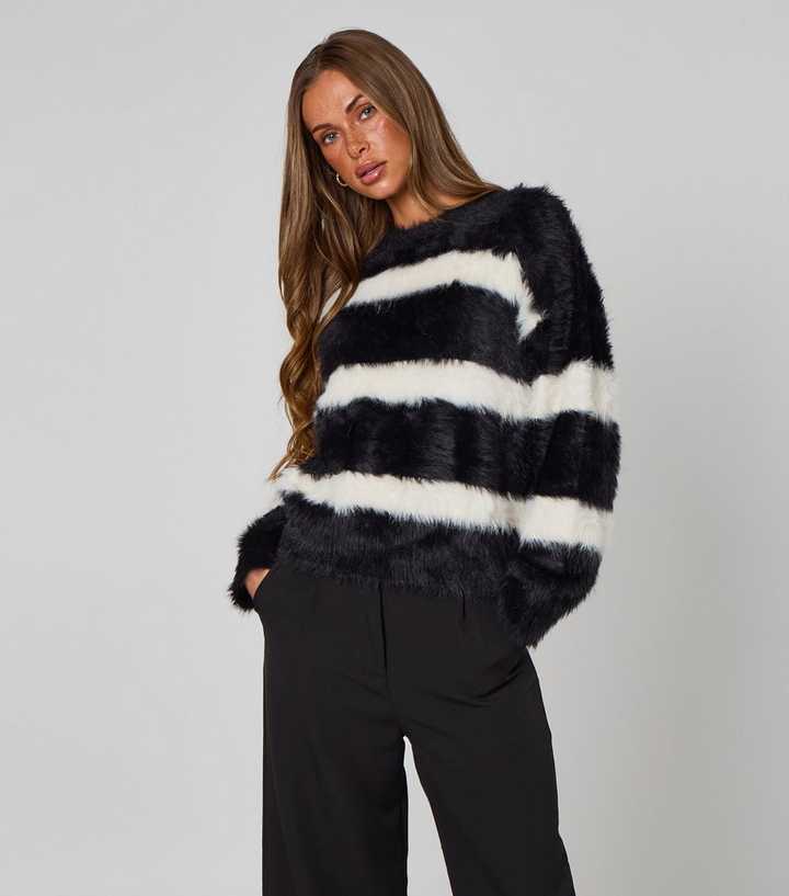 Urban Bliss Black and White Fluffy Striped Jumper