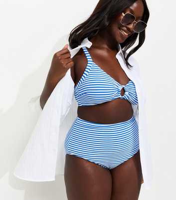 Curves Blue Striped High Waist Bikini Bottoms