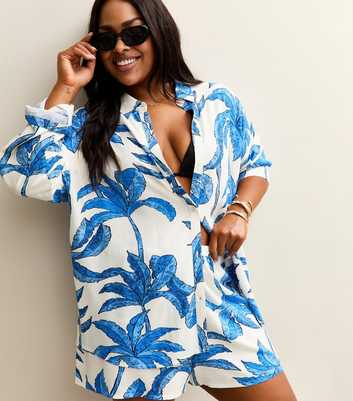 Curves Blue Palm Leaf Print Beach Shirt