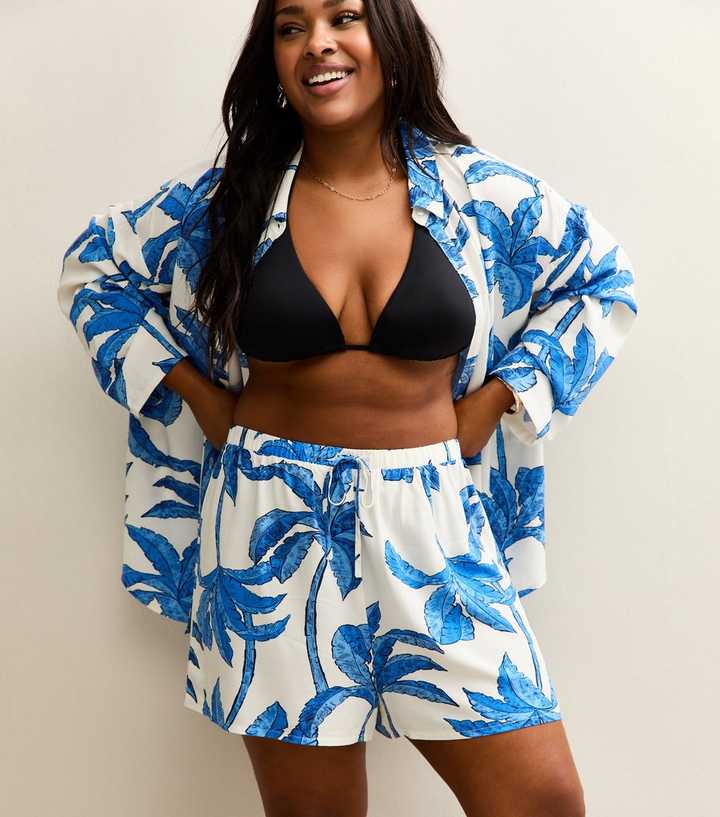 Curves Blue Palm Leaf Beach Shorts