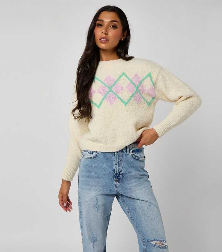 Urban Bliss Cream Boucle Argyle Knit Jumper