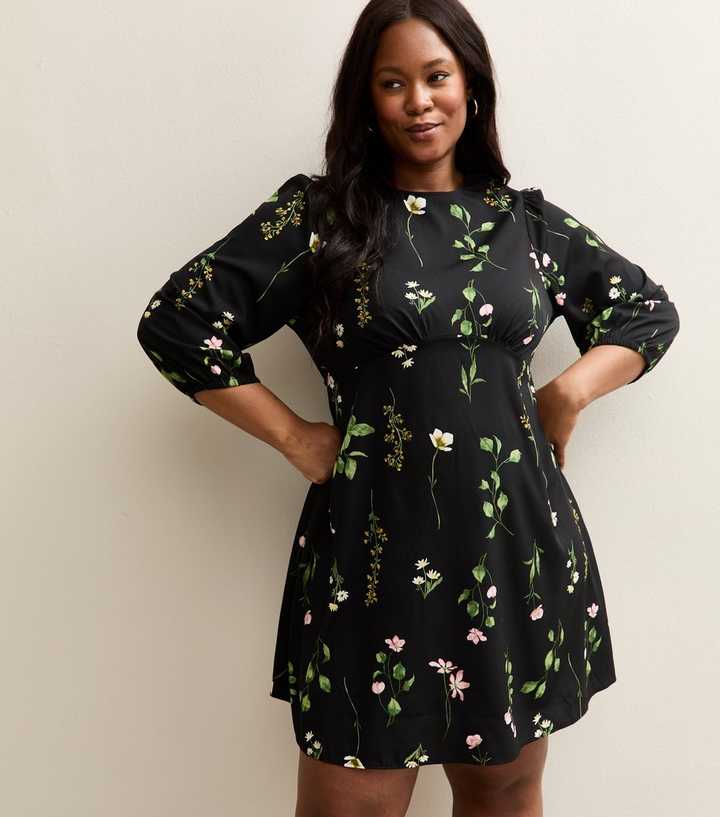 Curves Black Floral Cropped Sleeve MIni Dress