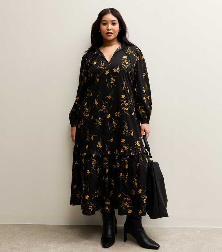 Curves Black Botanical Crepe Smock Midi Dress